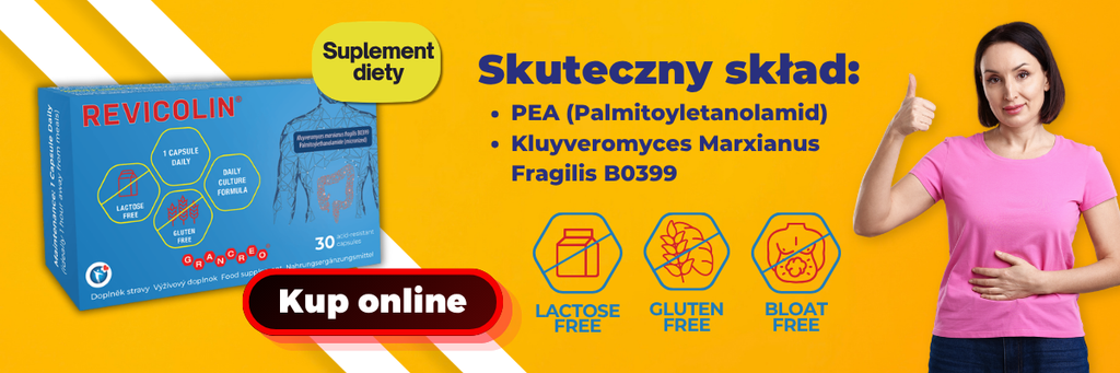 Suplement diety Revicolin z PEA i Kluyveromyces marxianus fragilis B0399, bez laktozy i bez glutenu