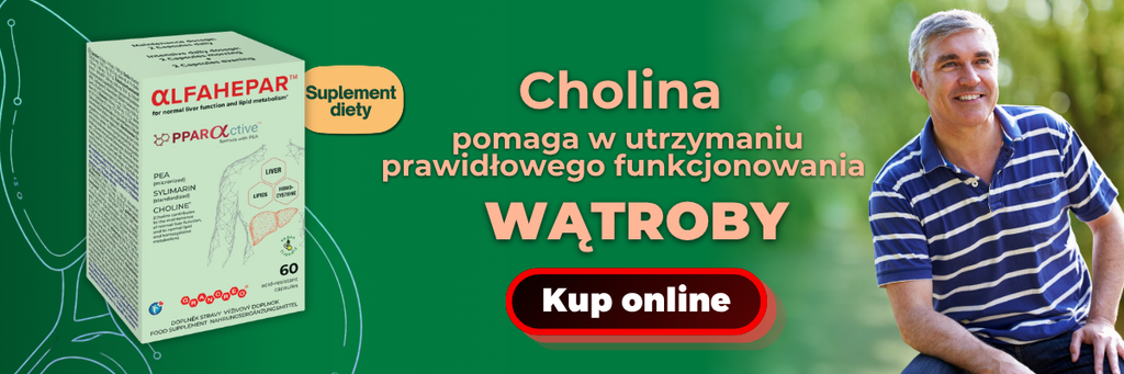 Suplement diety Alfahepar z PEA, sylimaryną i choliną, która pomaga w utrzymaniu prawidłowego funkcjonowania wątroby