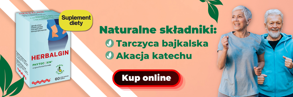 Suplement diety Herbalgin z tarczycą bajkalską i akacją katechu – uśmiechnięta starsza kobieta z laską